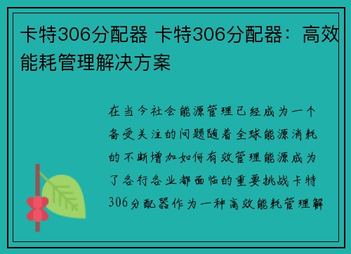 卡特306分配器 卡特306分配器：高效能耗管理解决方案